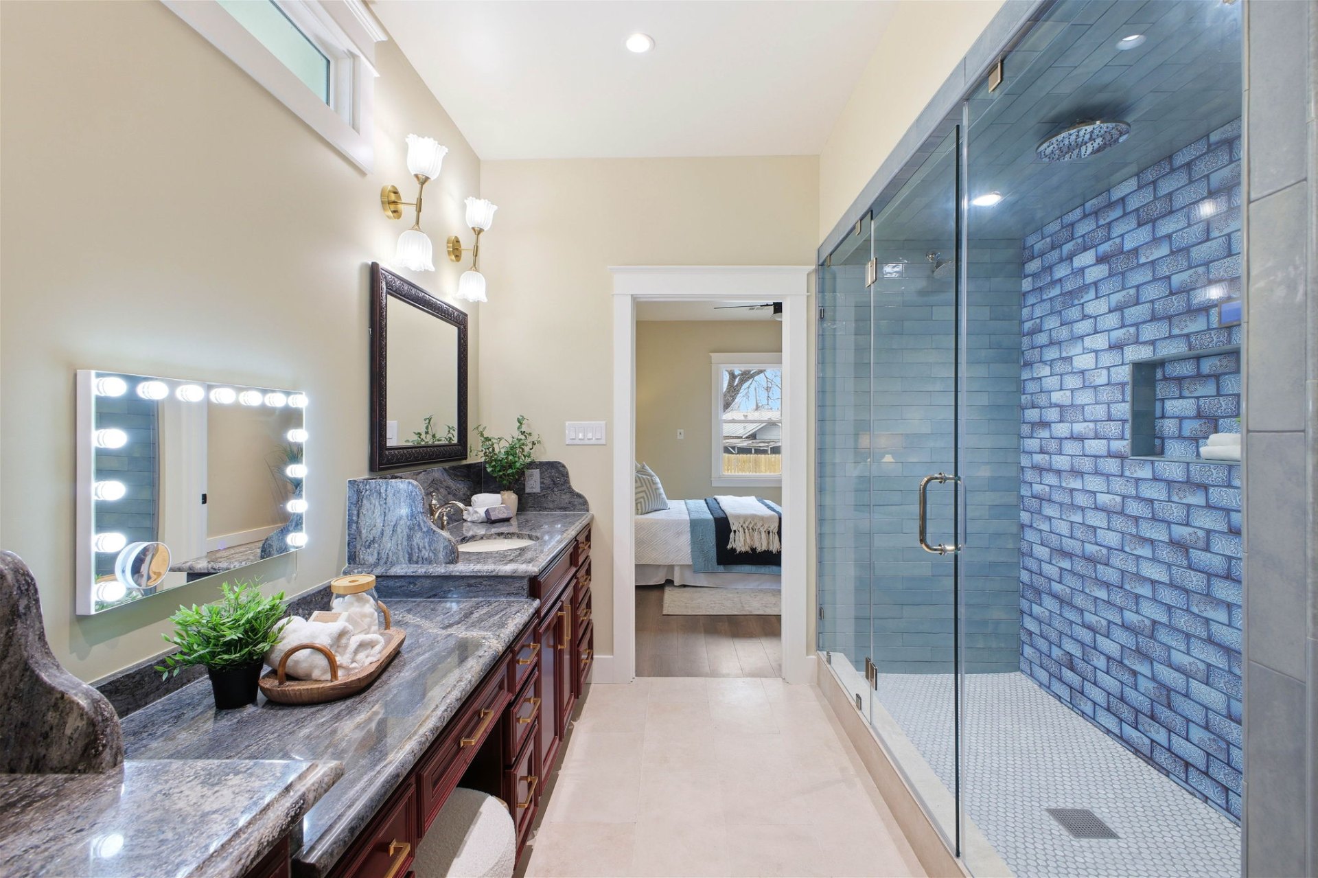 Evergreen Luxury Bath Suite View to Bedroom — Evergreen Luxury Bath remodeling by Wright Touch Construction in the Texas Hill Country