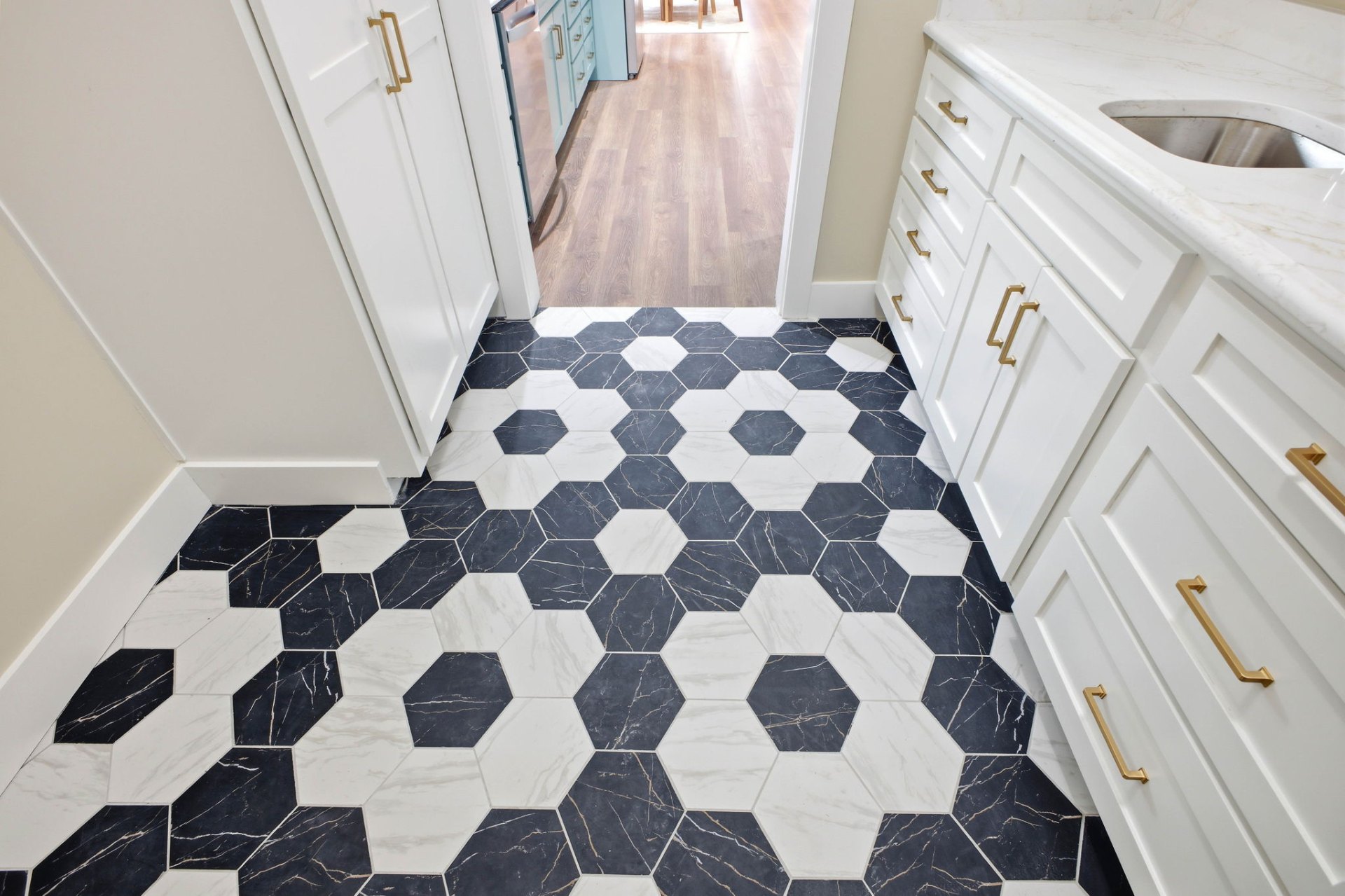Evergreen Butler's Pantry Hexagon Marble Tile Floor — Evergreen Butler's Pantry remodeling by Wright Touch Construction in the Texas Hill Country