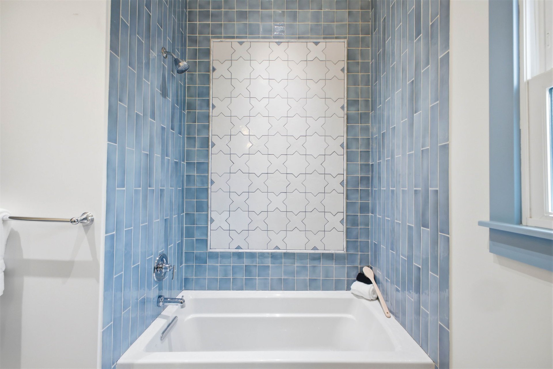 Evergreen Main Bath Star & Cross Tile Surround — Evergreen Main Bath remodeling by Wright Touch Construction in the Texas Hill Country