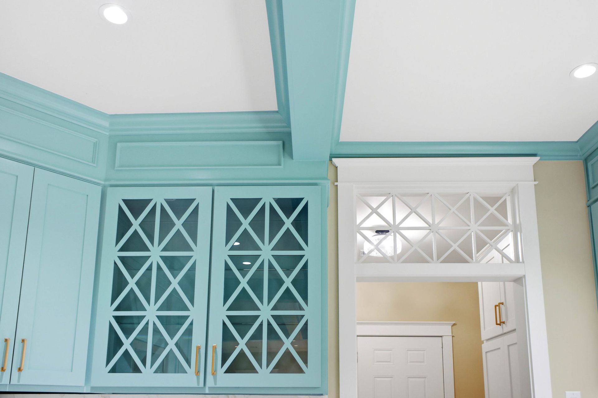 Evergreen Tiffany Blue Glass Cabinetry Detail — Evergreen Tiffany Blue remodeling by Wright Touch Construction in the Texas Hill Country