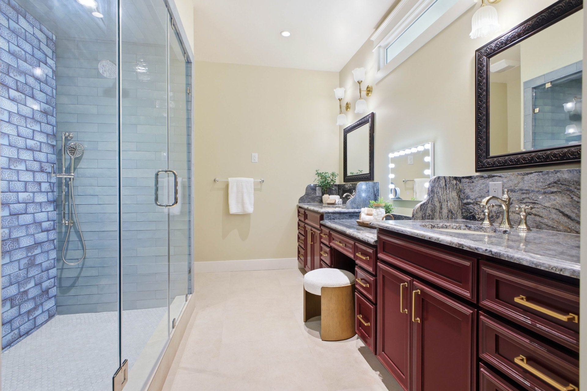 Evergreen Luxury Bath Double Vanity & Shower — Evergreen Luxury Bath remodeling by Wright Touch Construction in the Texas Hill Country
