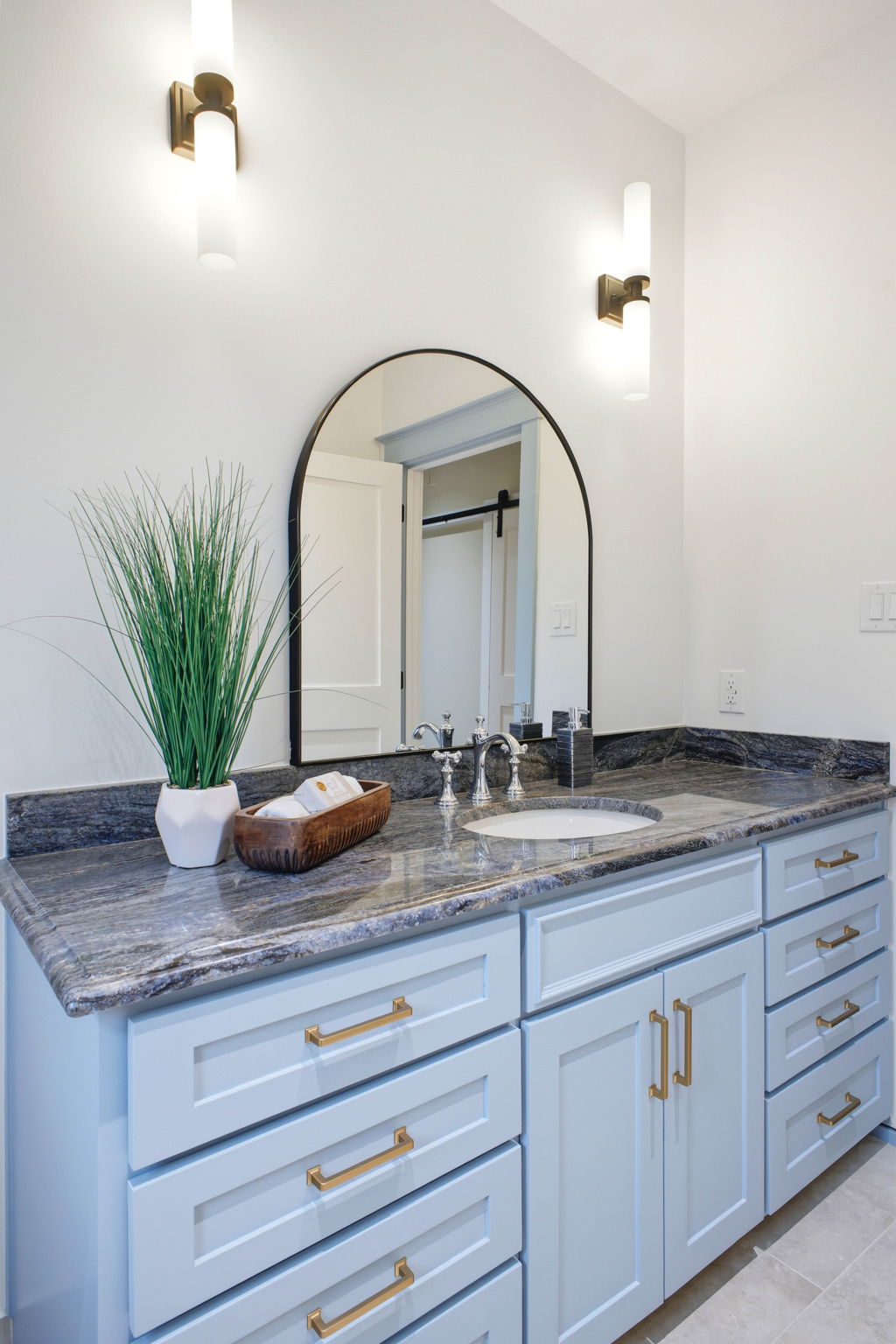 Evergreen Main Bath Arched Mirror Vanity — Evergreen Main Bath remodeling by Wright Touch Construction in the Texas Hill Country