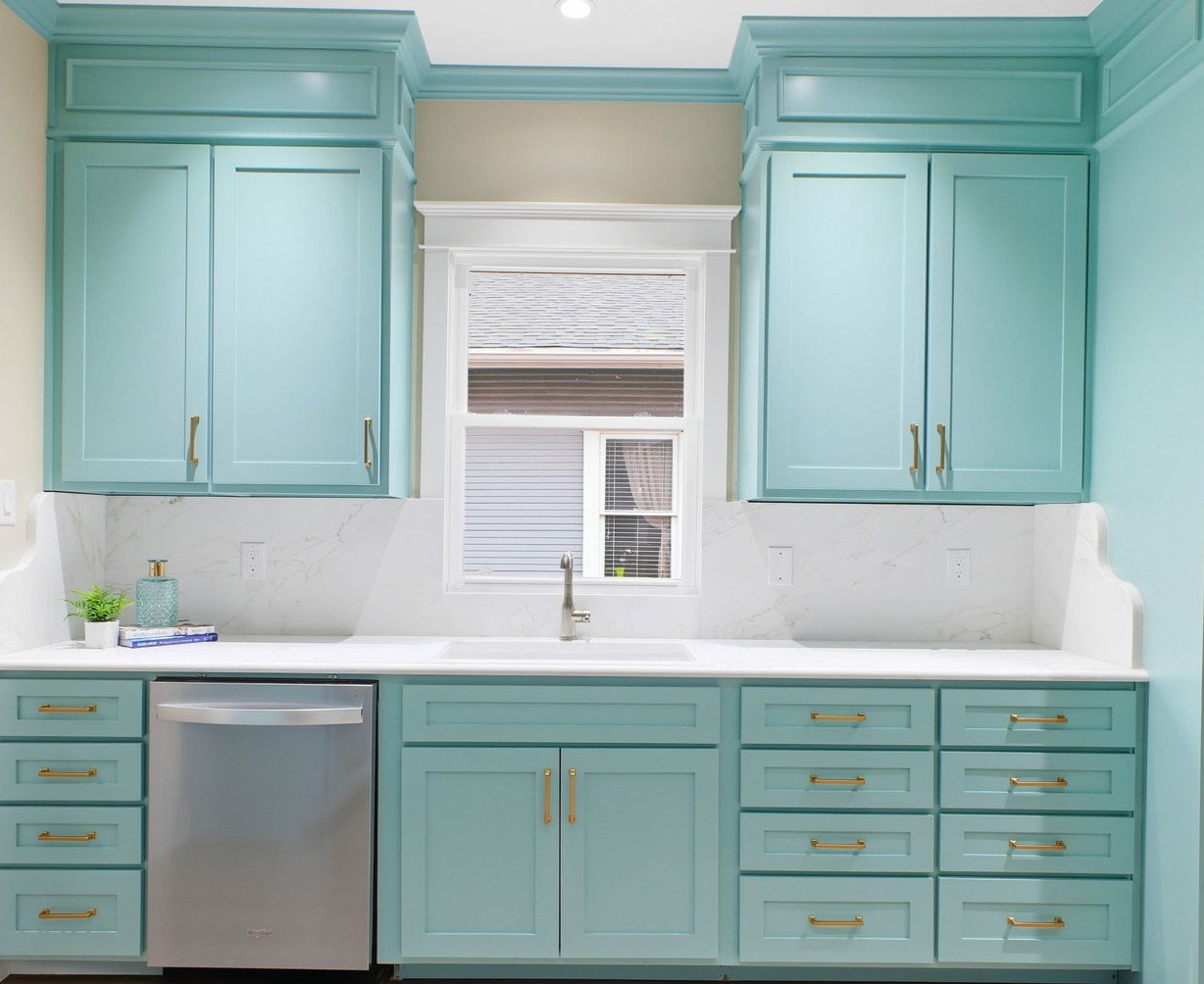 Evergreen Tiffany Blue Sink & Window Wall — Evergreen Tiffany Blue remodeling by Wright Touch Construction in the Texas Hill Country