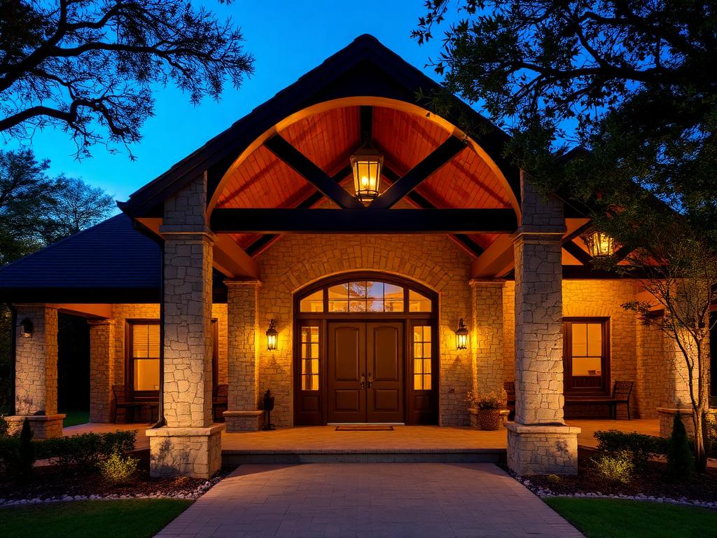 Arched Front Porch at Twilight — Exteriors remodeling by Wright Touch Construction in the Texas Hill Country
